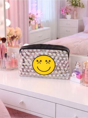 PINK Victoria's Secret Clear Polka Dot Cosmetic Bag with Yellow Smiley